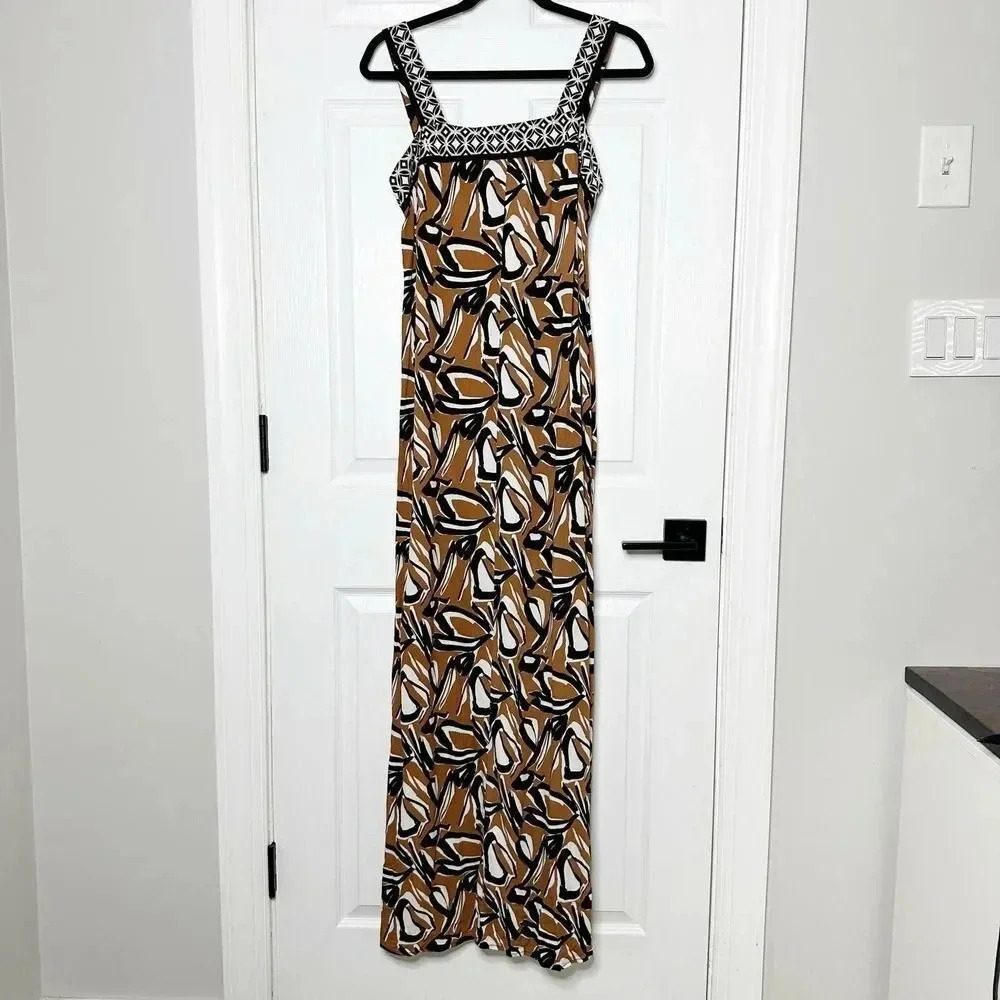 CATO Size S Abstract Brown Black Floral Shift Maxi Dress Square Neckline